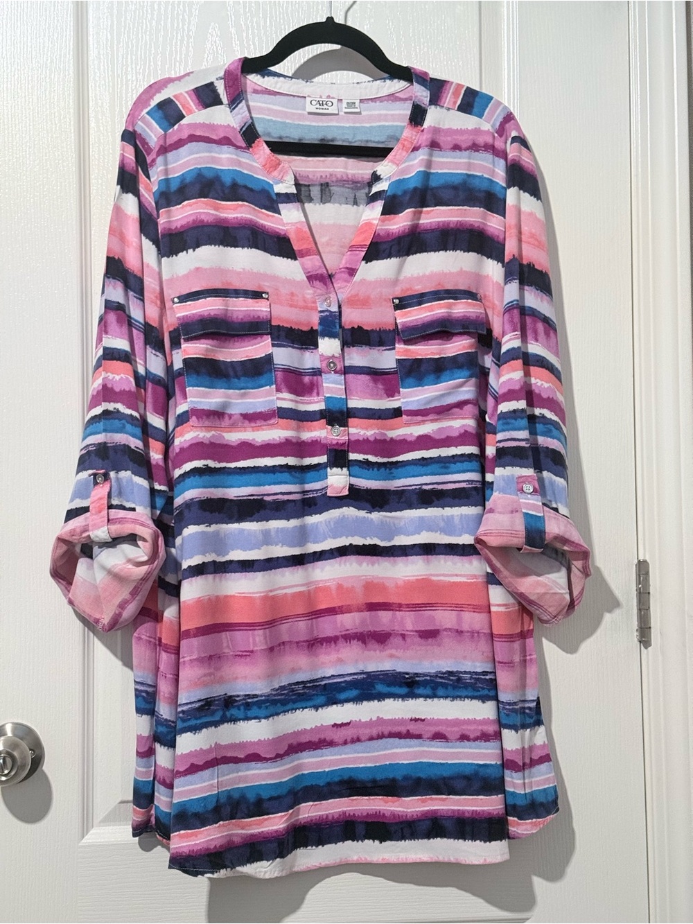 Cato Pink, Blue & Purple Striped Roll-Tab Tunic
